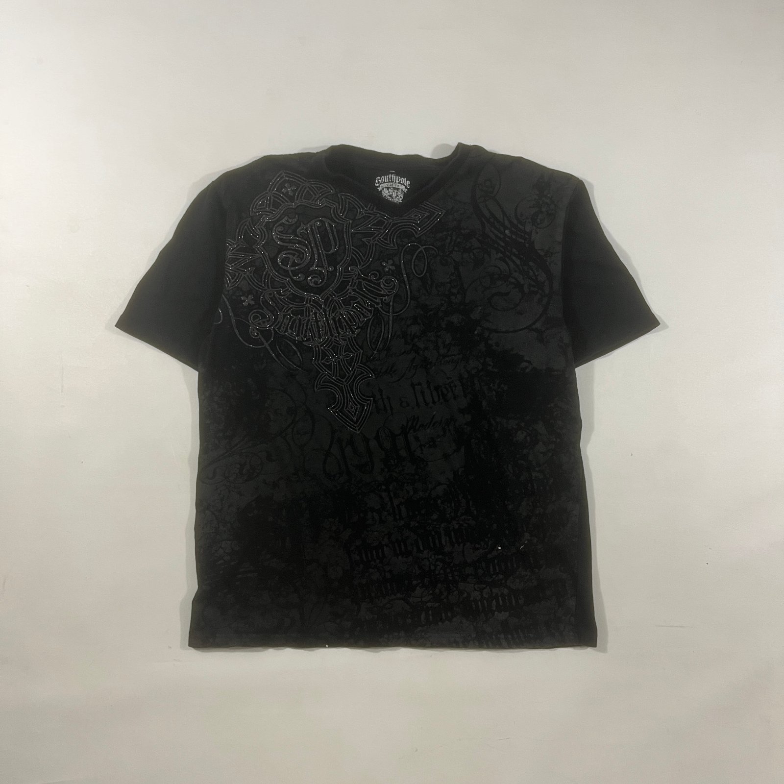 Y2K Southpole Premium Black Gothic All Over Print V-Neck Tee XL