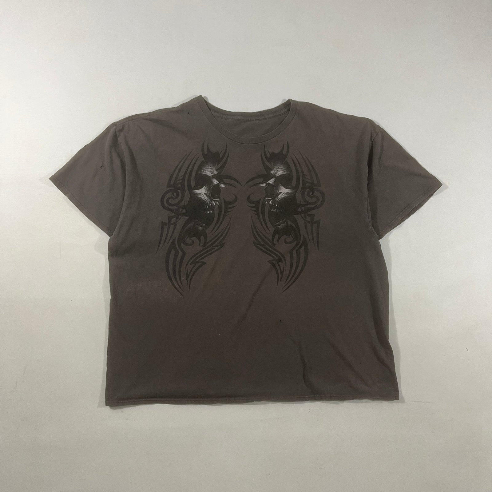 Y2K Faded Brown Tribal Double Skull Graphic Tee Oversized Grunge Mall Goth
