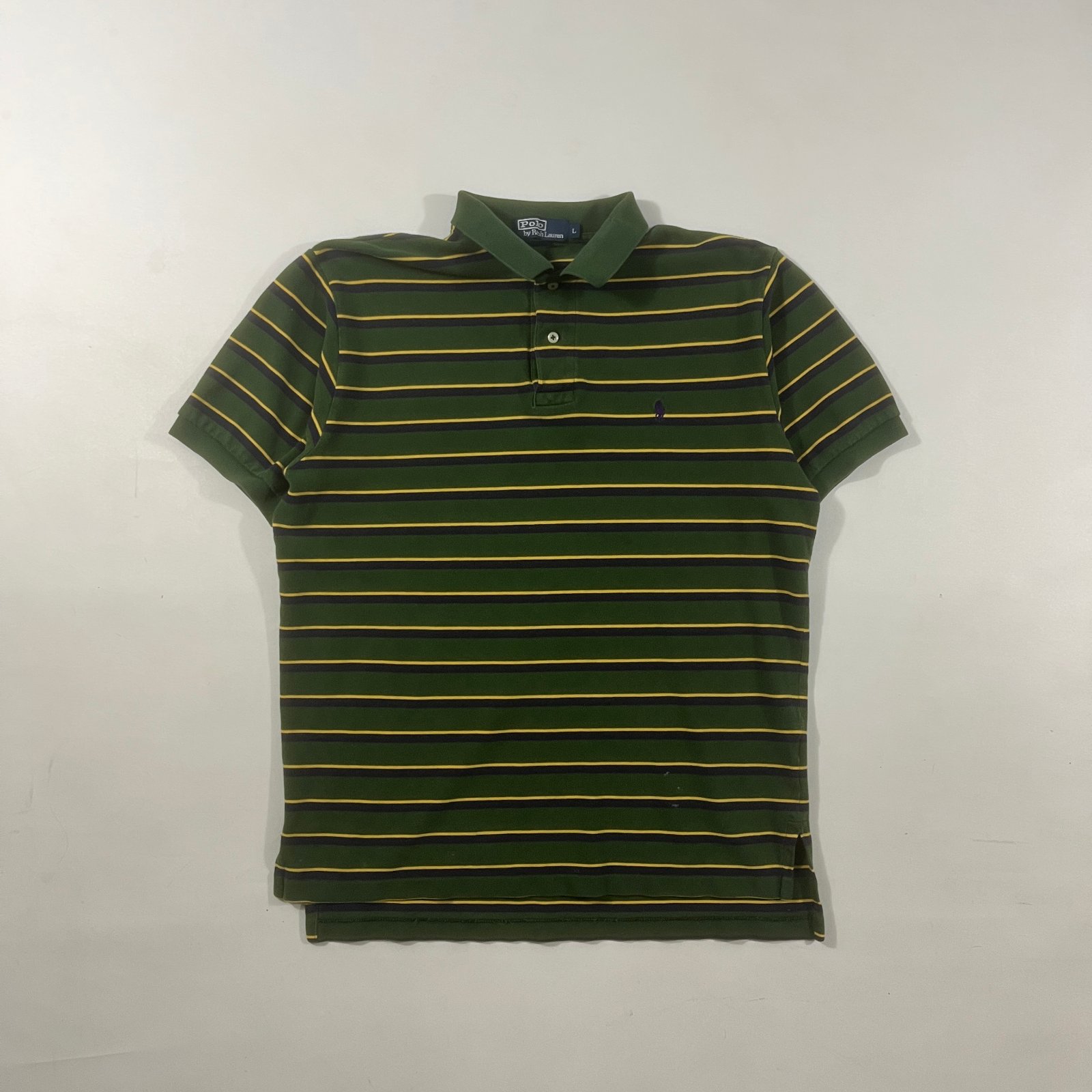 Vintage Polo Ralph Lauren Green Yellow Navy Striped Pique Polo Shirt L