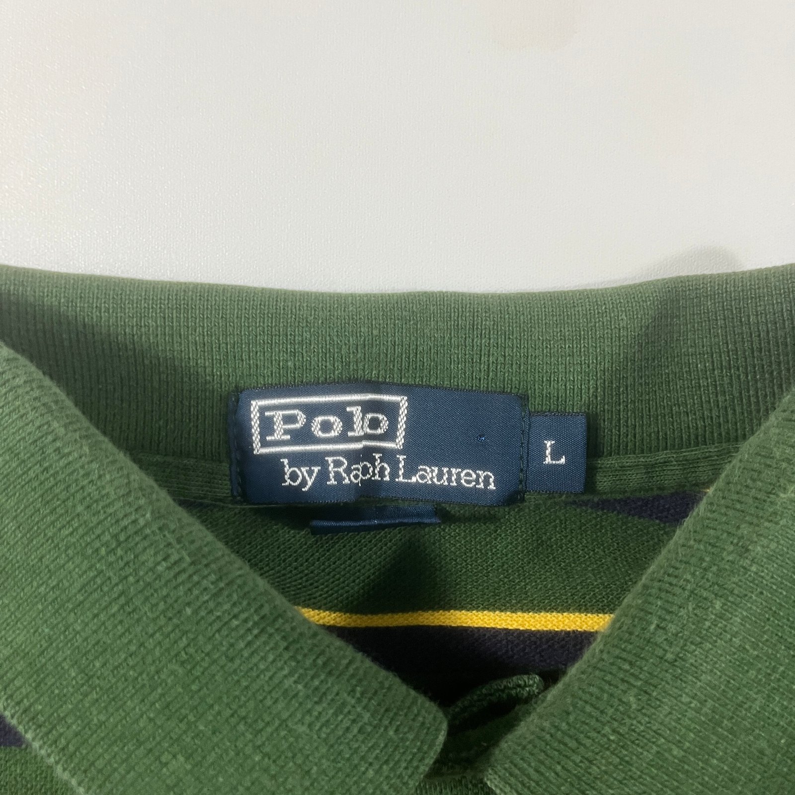 Vintage Polo Ralph Lauren Green Yellow Navy Striped Pique Polo Shirt L