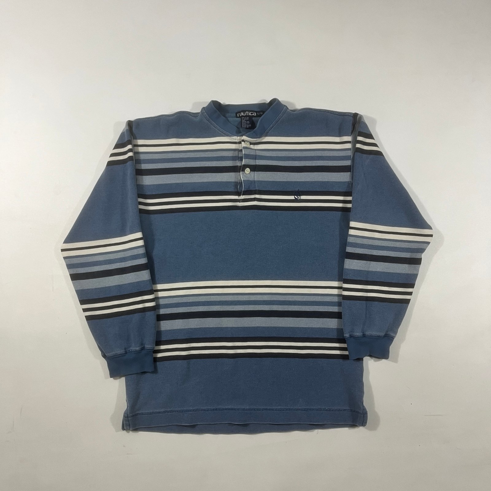 Vintage 90s Nautica Blue Striped Waffle Knit Henley Long Sleeve Shirt L