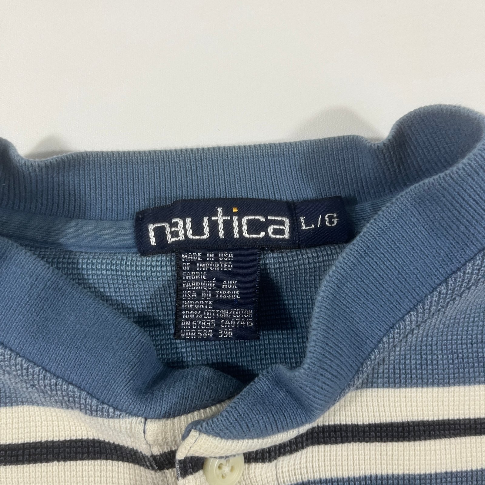 Vintage 90s Nautica Blue Striped Waffle Knit Henley Long Sleeve Shirt L