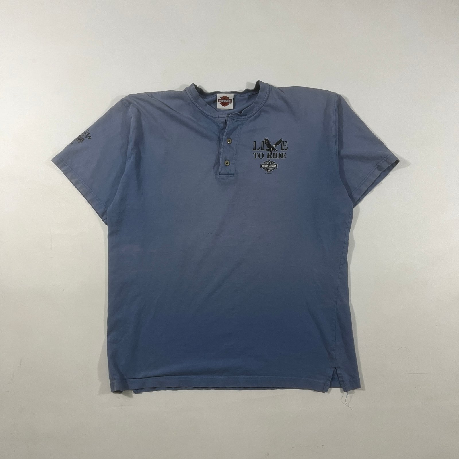 Vintage Harley-Davidson Live to Ride Savannah Georgia Faded Blue Henley Tee