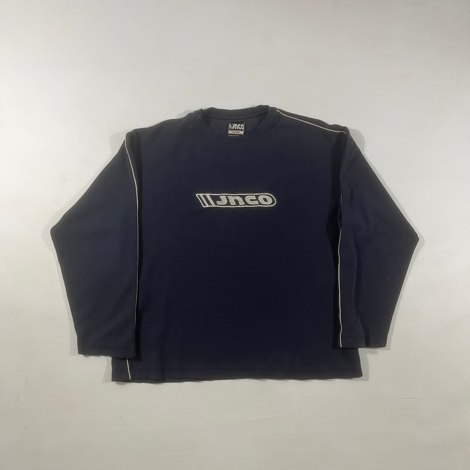 Vintage Y2K JNCO Industries Navy Embroidered Spellout Long Sleeve Skater Shirt L