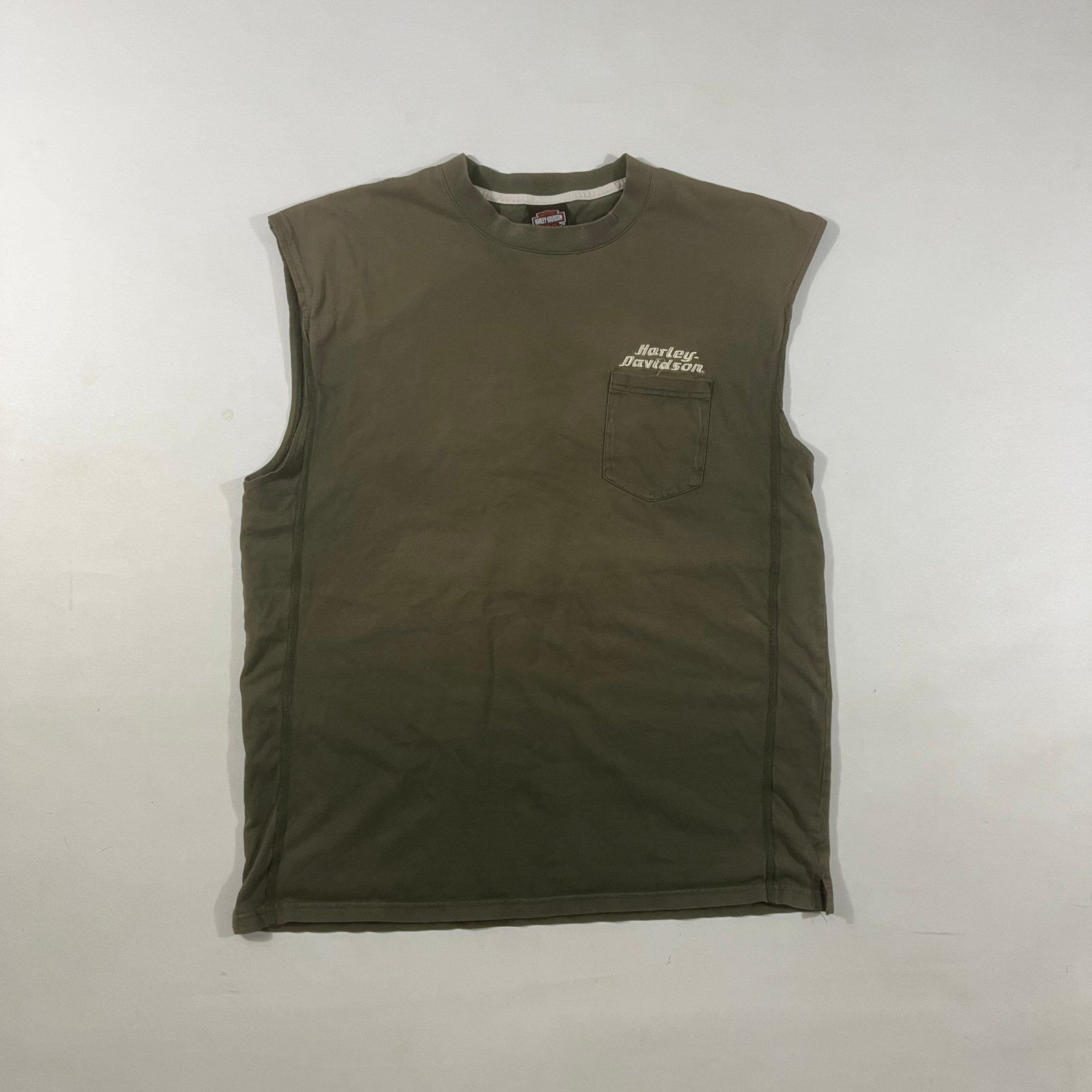 Vintage Harley-Davidson Olive Green Embroidered Pocket Muscle Tank Sleeveless Tee