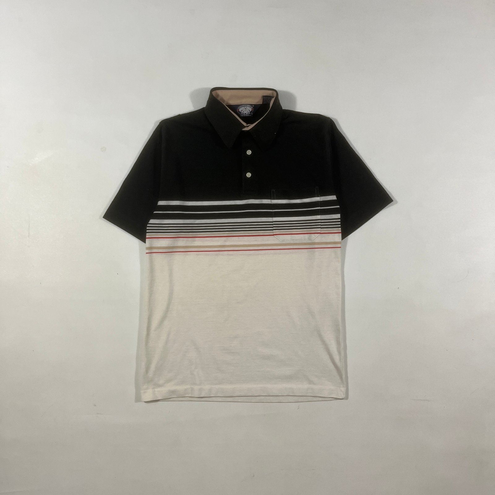 Vintage 80s Knights Bridge Black Cream Striped Color Block Pocket Polo Shirt S