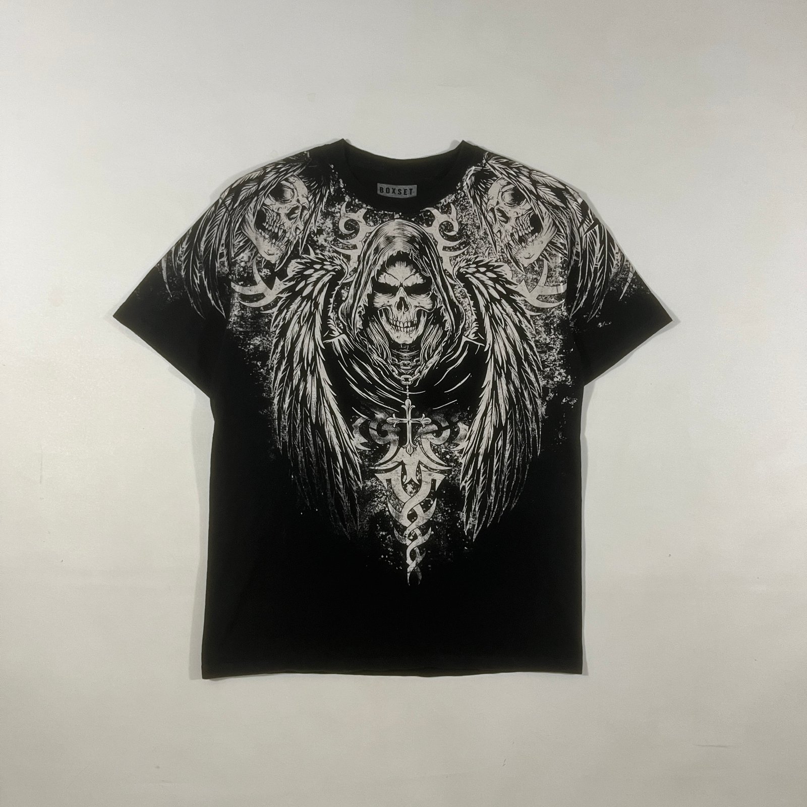 Boxset Y2K Grim Reaper Angel Wings Skull All Over Print Gothic Tee Medium