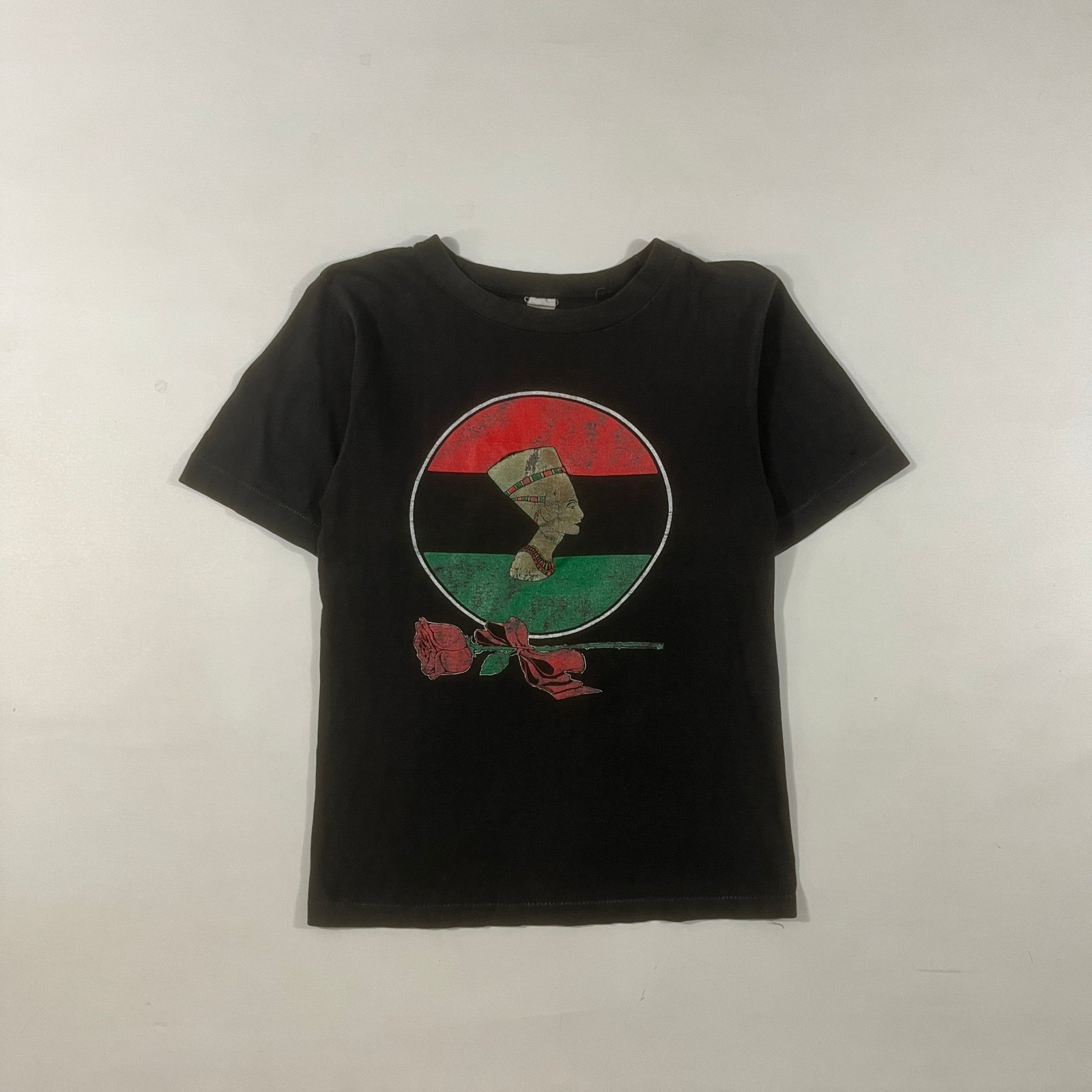 Vintage Nefertiti Pan-African Flag Rose Graphic Tee Black Faded Cotton T-Shirt