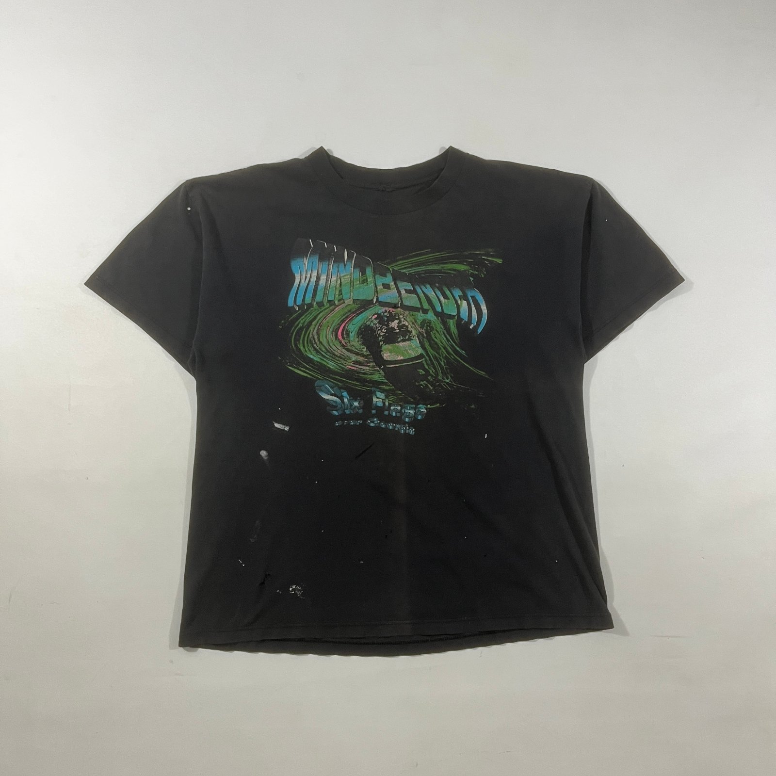 Vintage Y2K Six Flags Over Georgia Mind Bender Roller Coaster Thrashed Black Tee