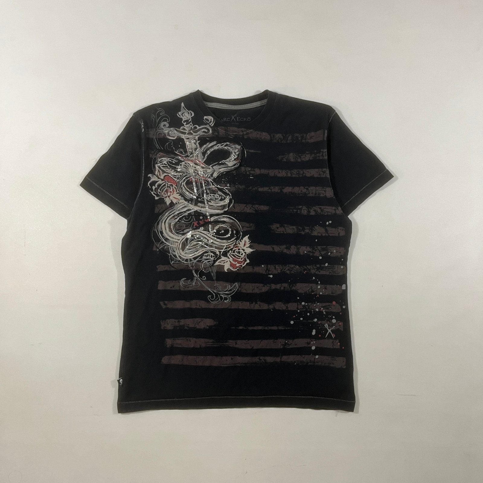 Marc Ecko Cut & Sew Y2K Black Dagger Snake Skeleton Graphic Tee L