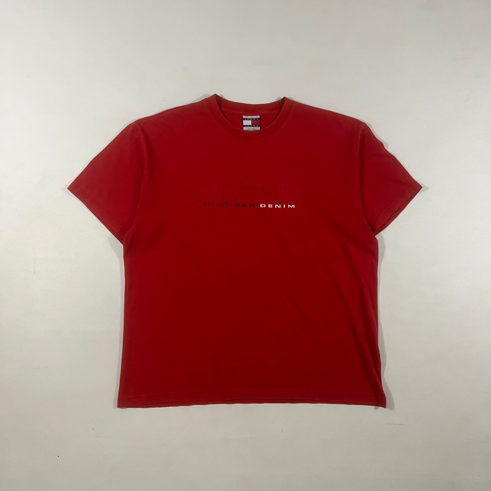 Vintage Y2K Tommy Hilfiger Denim Red Embossed Spell Out Logo Boxy T-Shirt XL
