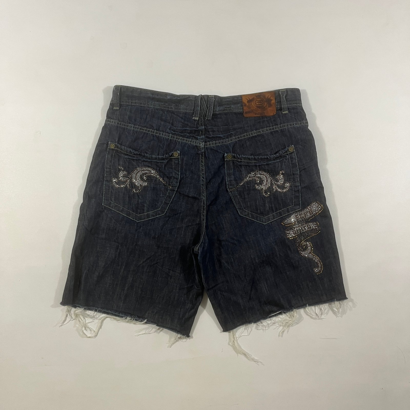 Ecko Unlimited Y2K Rhinestone Crown Dark Wash Cut-Off Jorts Denim Shorts 36