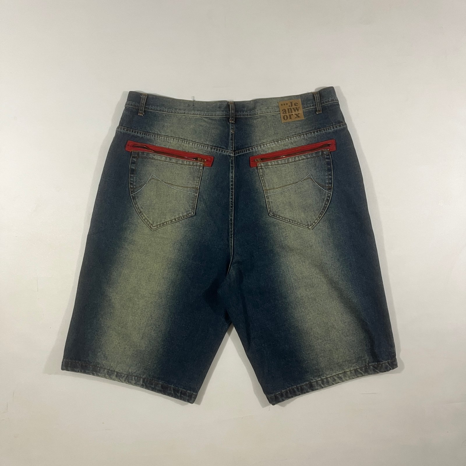 Y2K Jeanworx Dirty Wash Baggy Denim Jorts Red Zip Pockets Skater Shorts 46