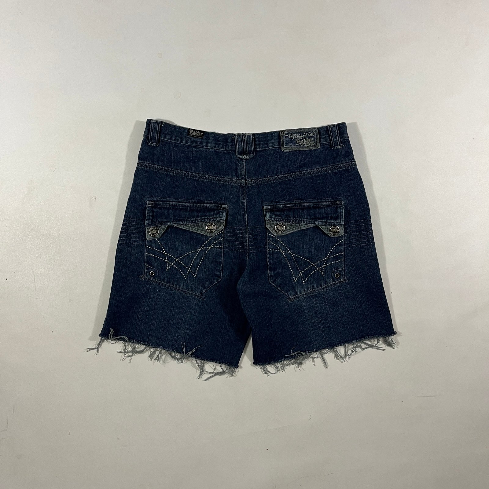 Y2K Infringement Raider Jean Co Dark Wash Baggy Cutoff Denim Jorts 36