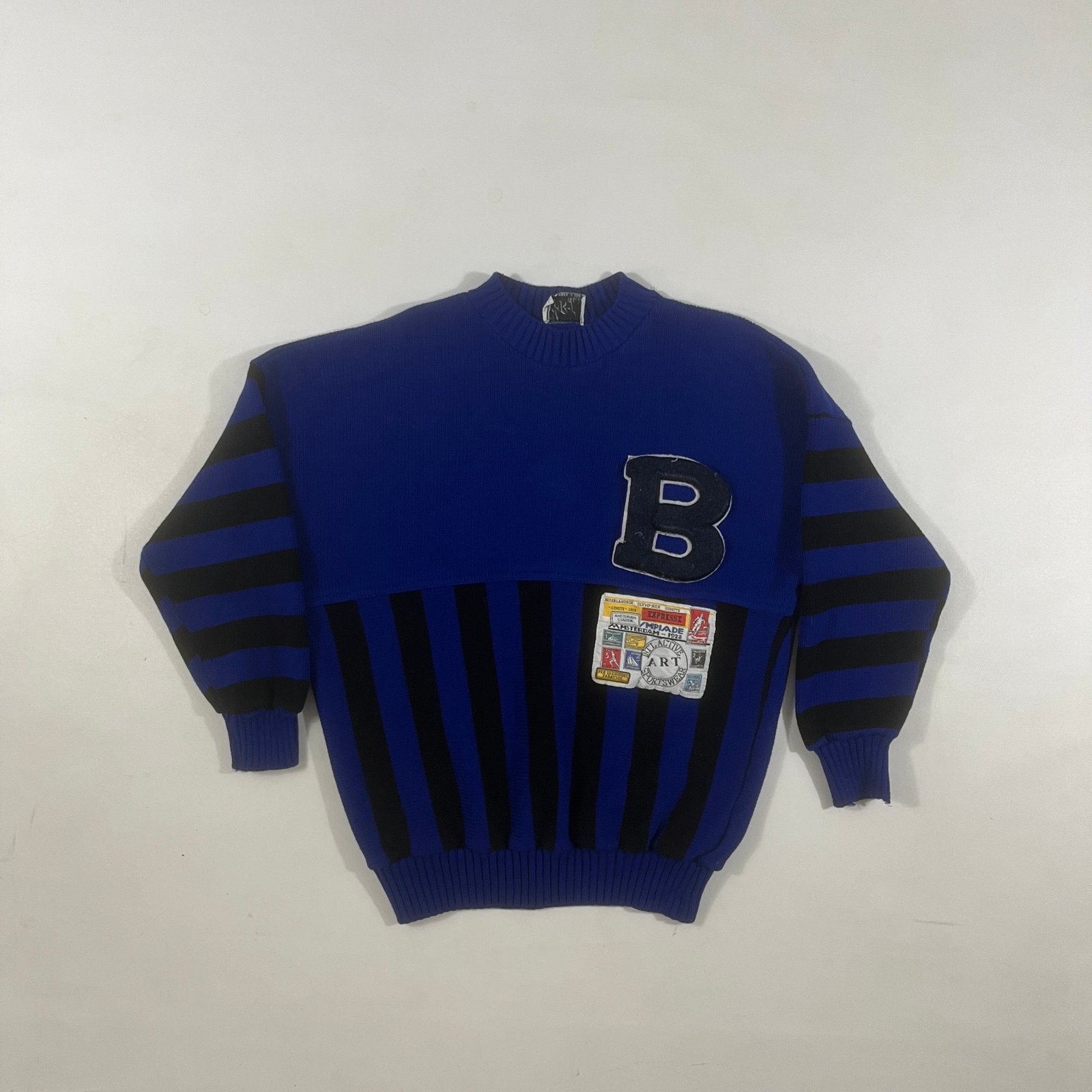 Vintage 90s ART Fashion Royal Blue Black Striped Varsity "B" Patch Knit Sweater