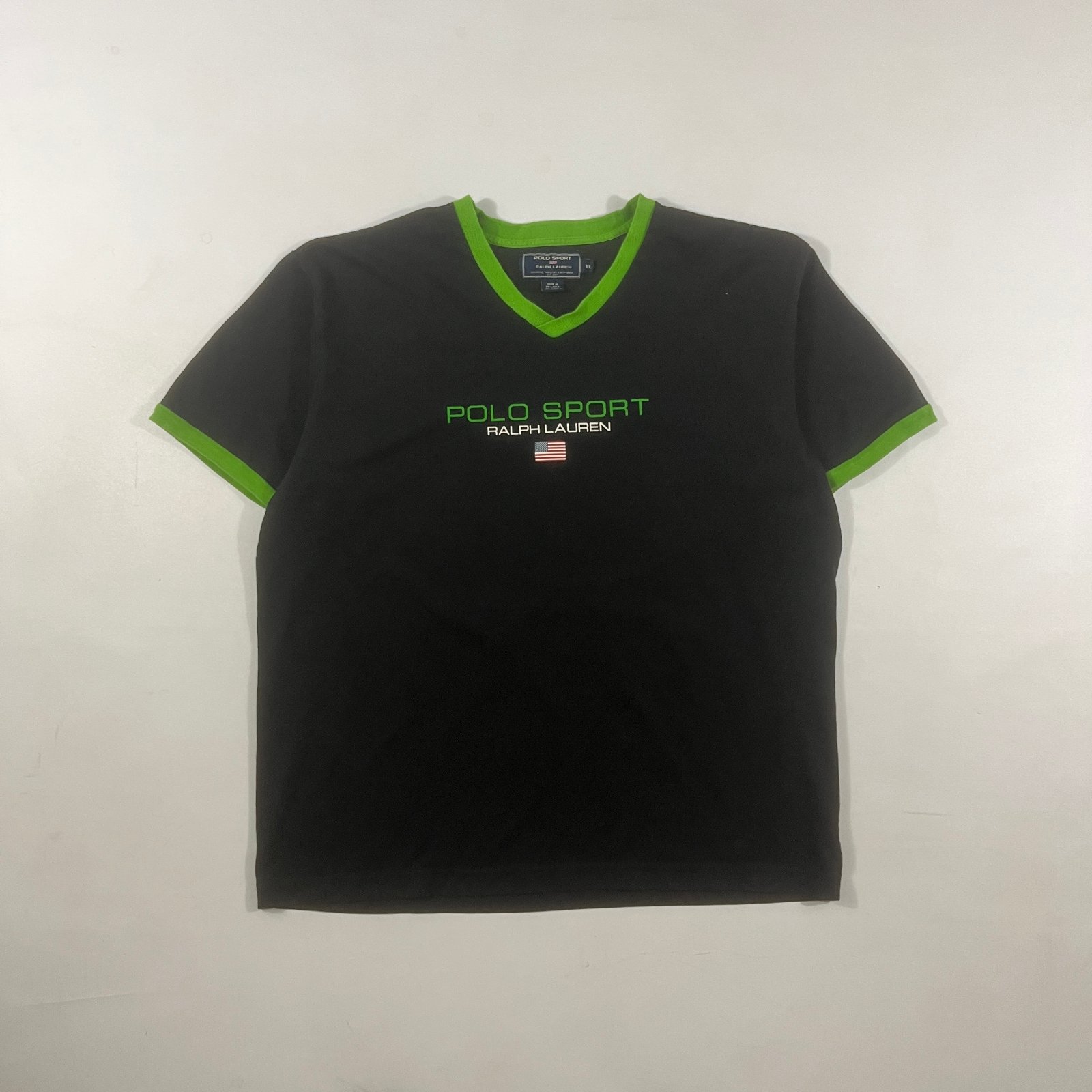Vintage Y2K Polo Sport Ralph Lauren Black Green V-Neck Ringer Tee XXL