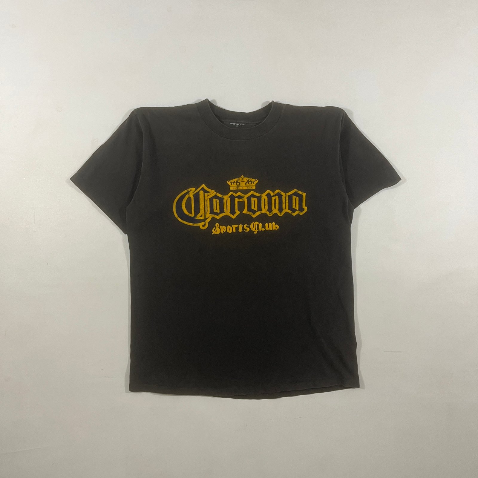 Vintage Corona Sports Club Faded Black Old English Graphic Beer Promo Tee