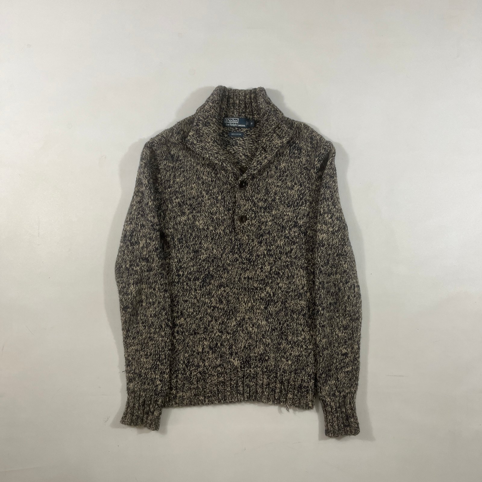 Vintage Polo Ralph Lauren Brown Marled Cotton Shawl Collar Henley Sweater S
