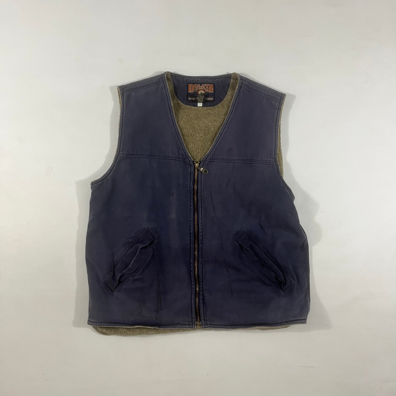 Duluth Trading Co Navy Canvas Sherpa Lined Zip Up Workwear Vest L