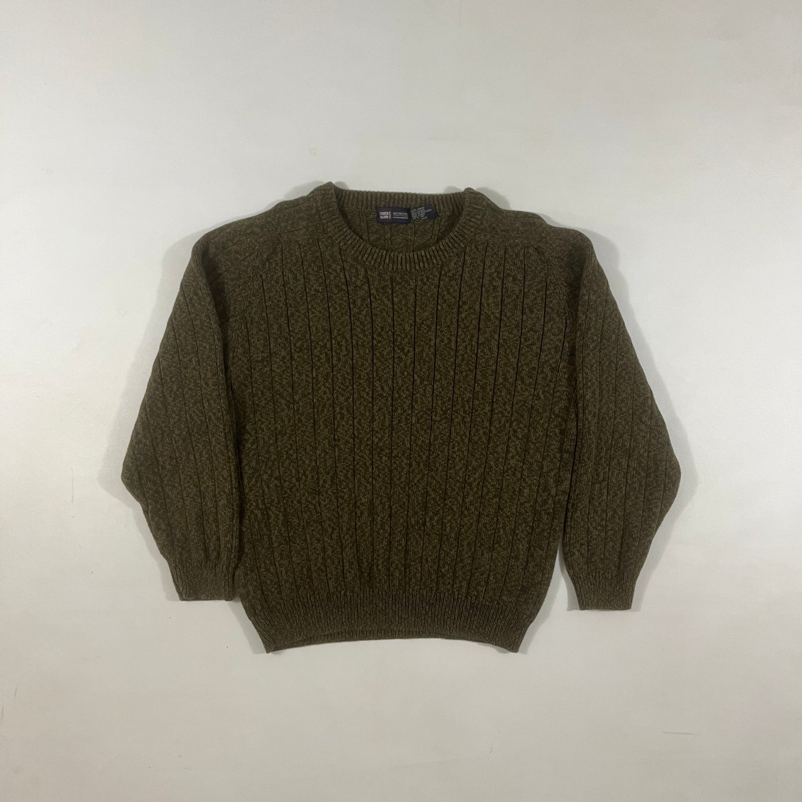 Vintage Faded Glory Olive Green Ribbed Cotton Knit Crewneck Sweater XL
