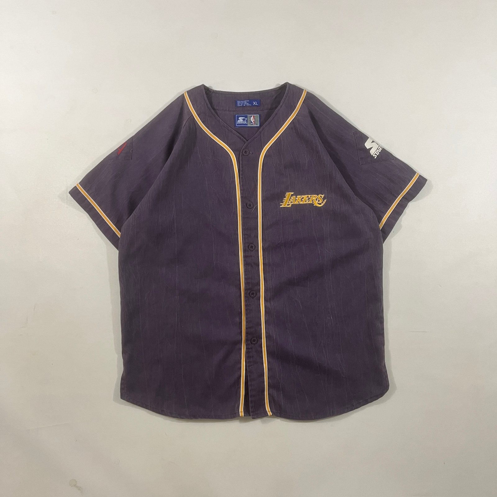 Vintage 90s Starter Los Angeles Lakers Purple Gold Button Up Baseball Jersey XL