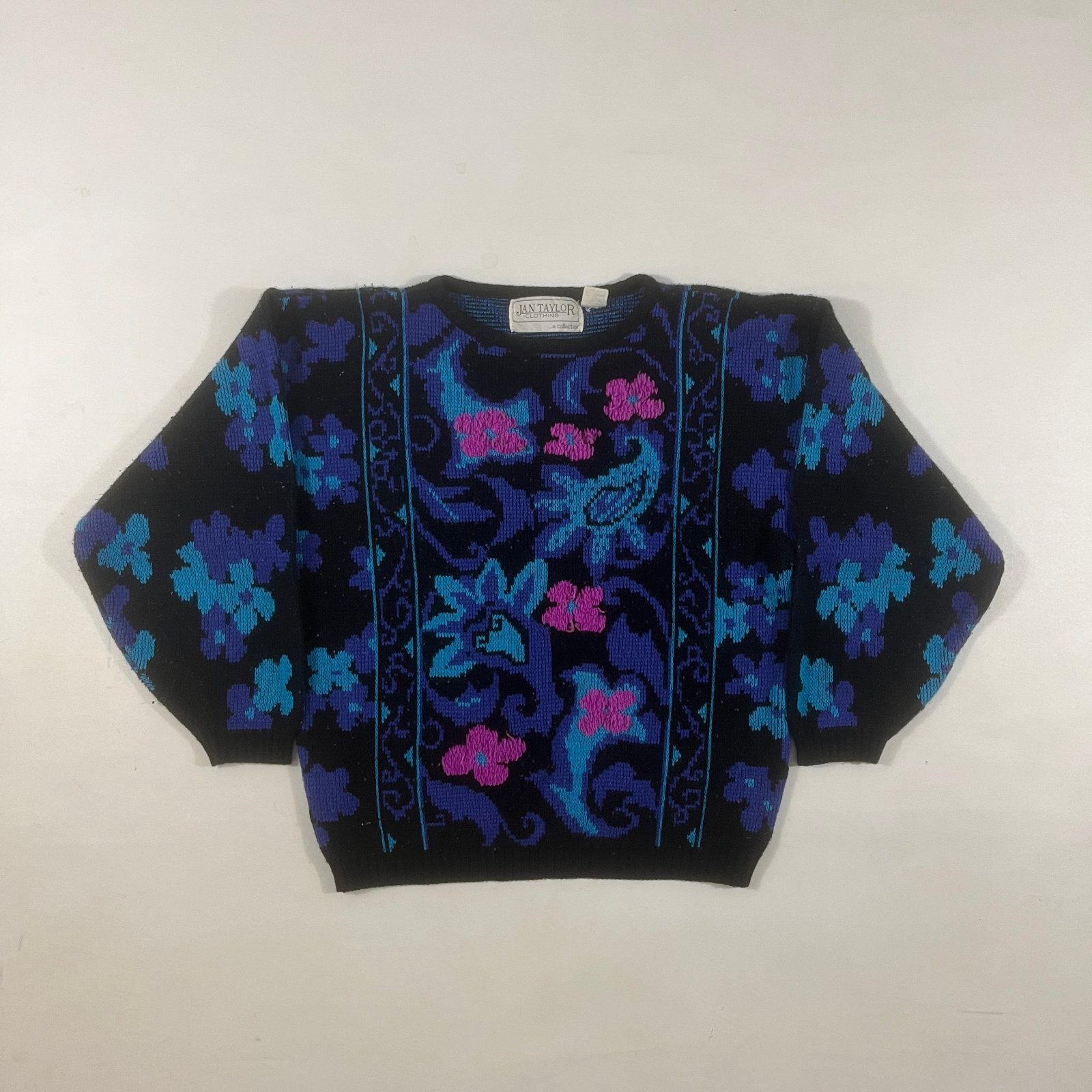 Vintage 80s Jan Taylor Black Blue Paisley Floral Statement Knit Sweater M