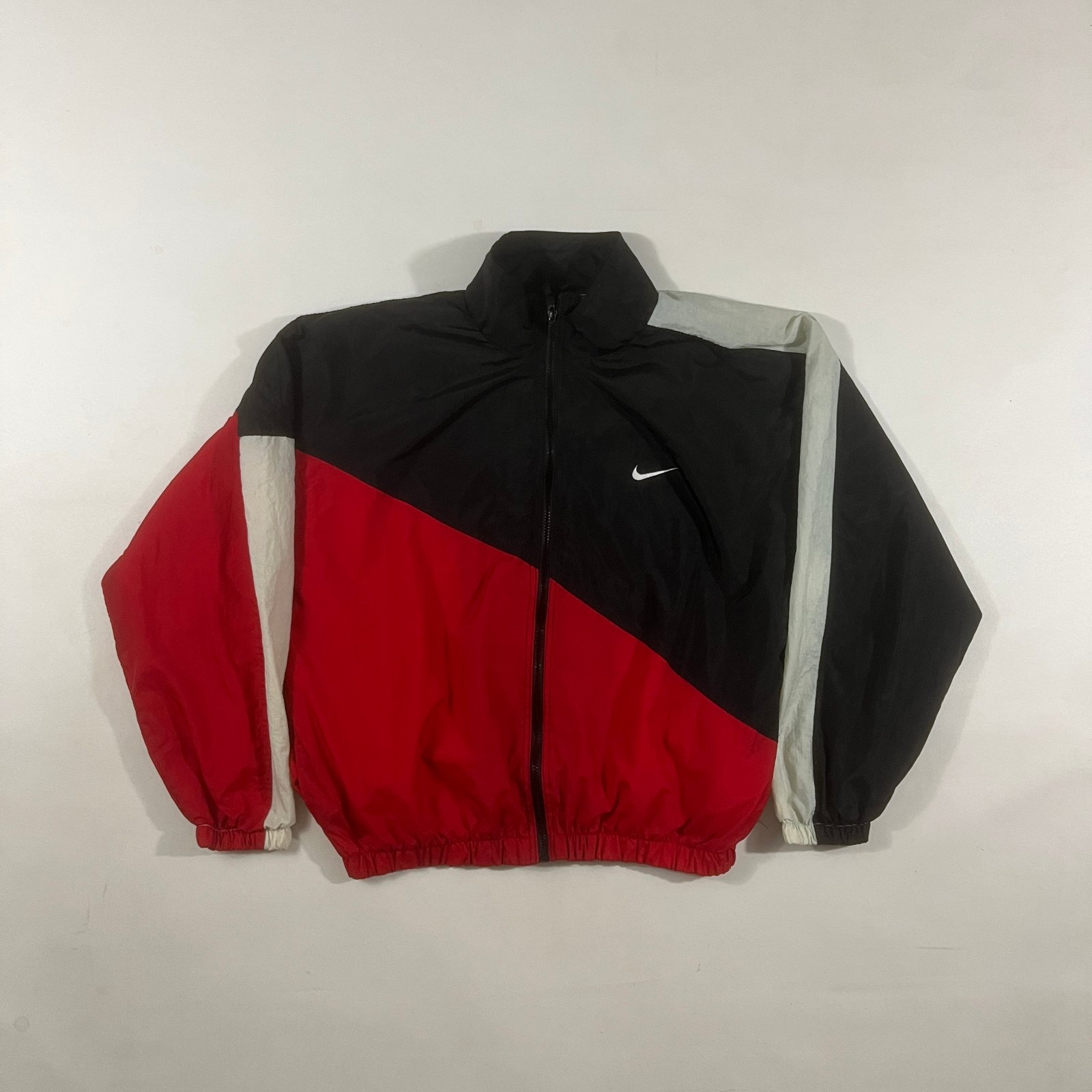 Vintage 90s Nike Big Swoosh Black Red Colorblock Nylon Windbreaker Track Jacket L
