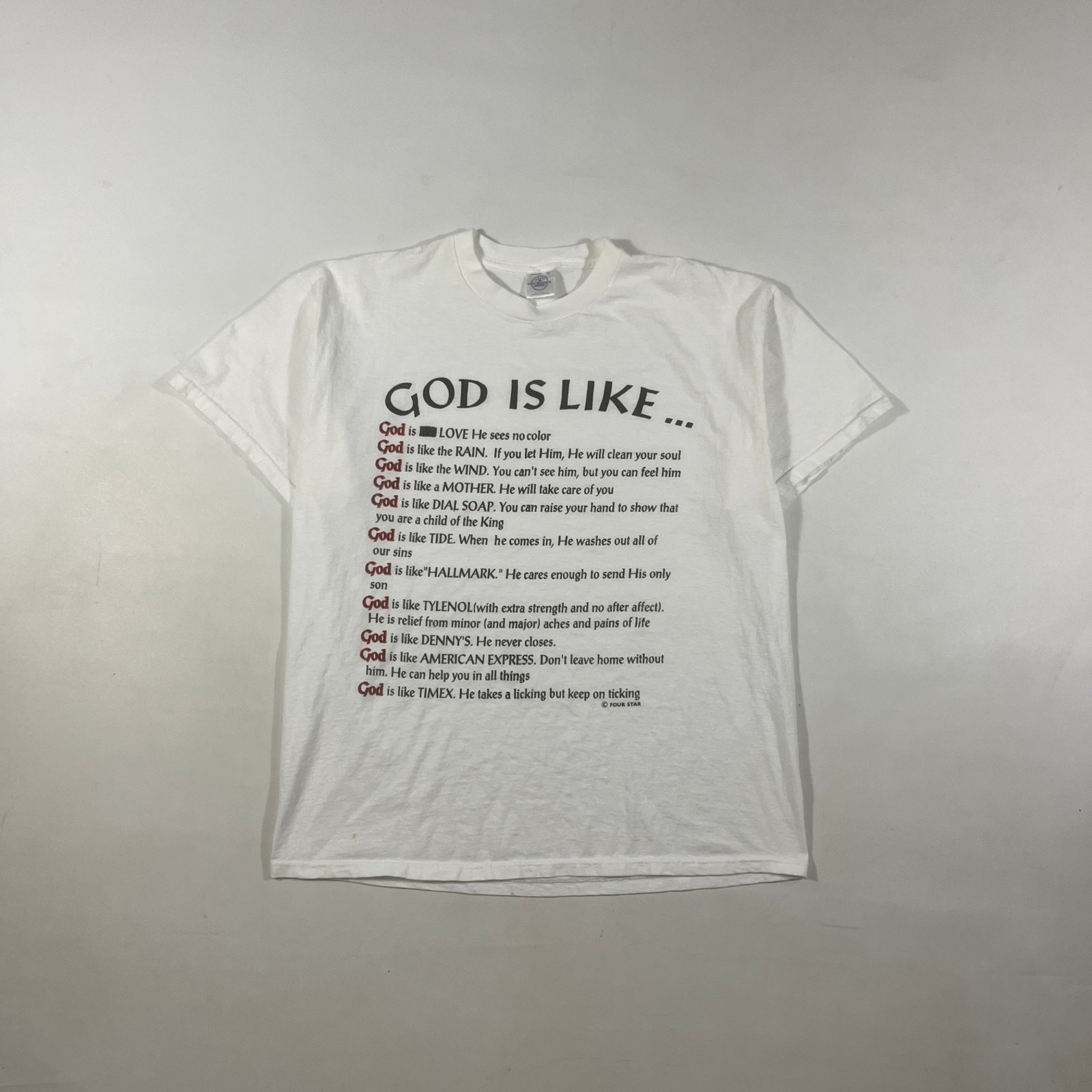 Vintage 90s "God Is Like" Christian Religious Novelty T-Shirt XL White Four Star