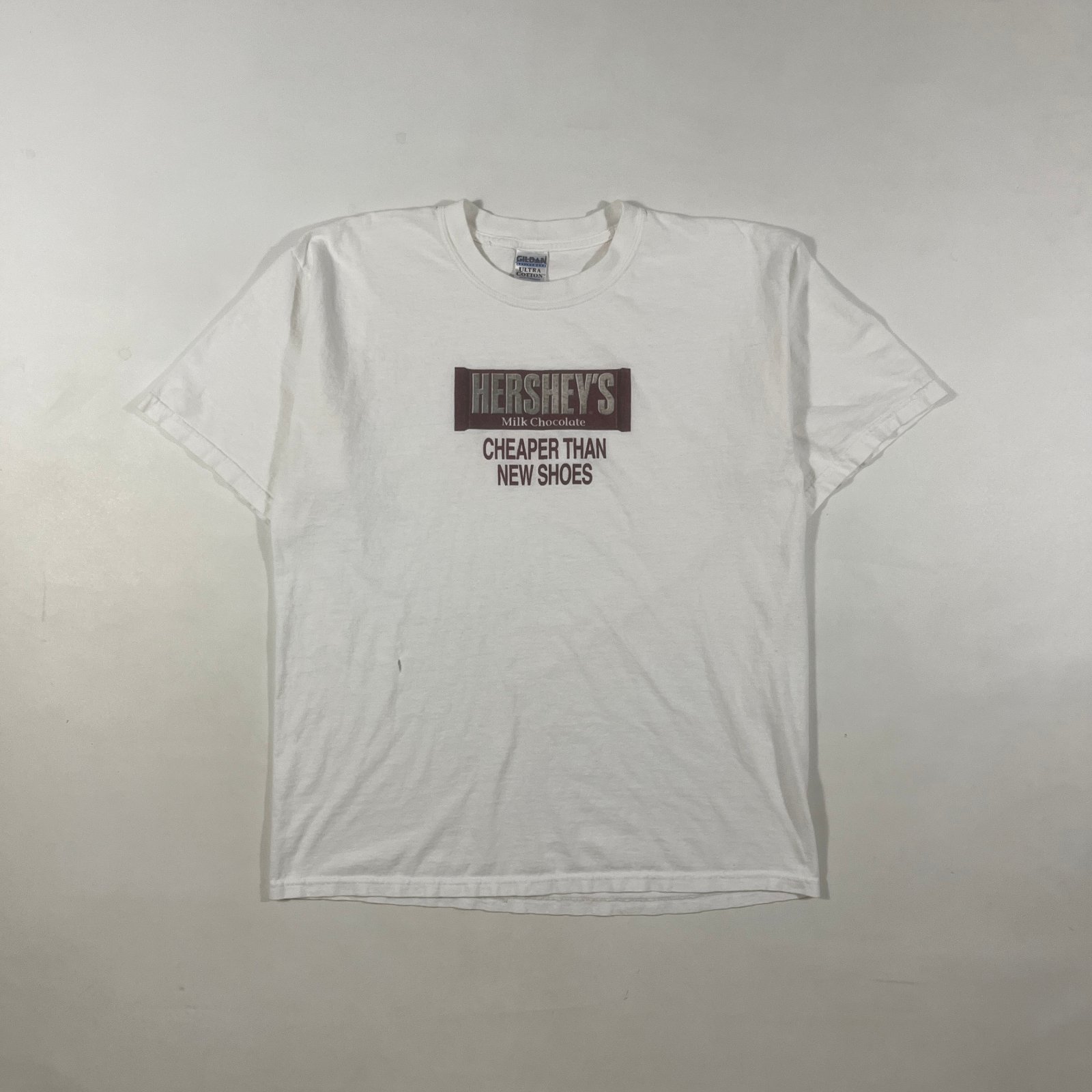 Vintage Y2K Hershey's Milk Chocolate "Cheaper Than New Shoes" White Graphic Tee L