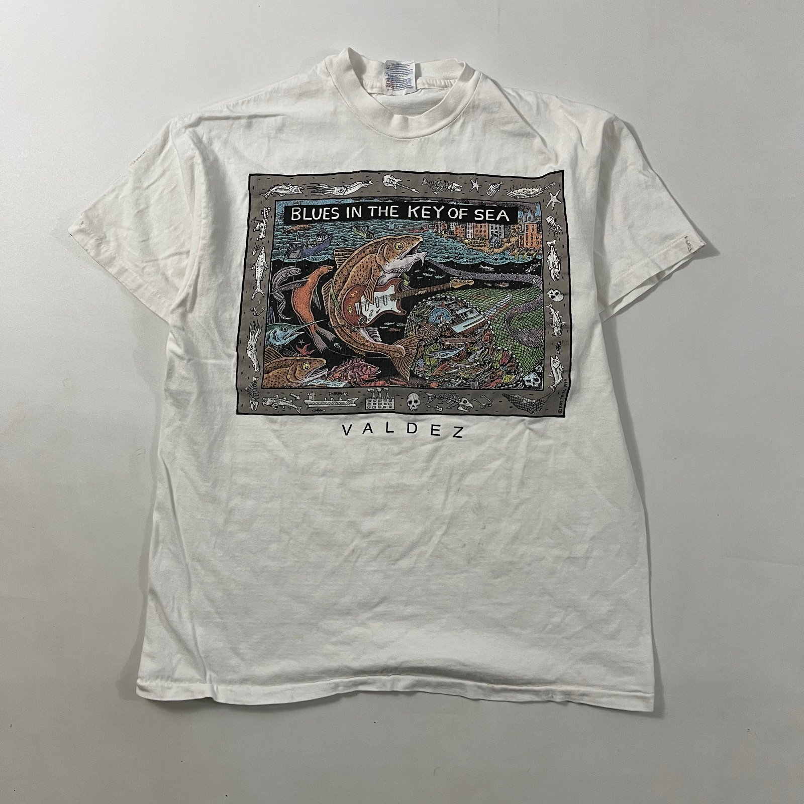 Vintage 1994 Ray Troll Blues in the Key of Sea Valdez Fish Art Tee L