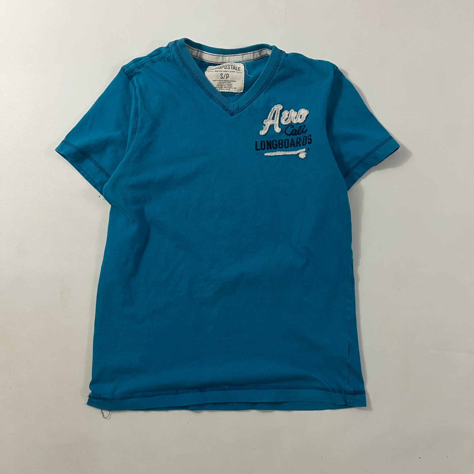 Aeropostale Aero Cali Longboards Teal Blue V-Neck T-Shirt S