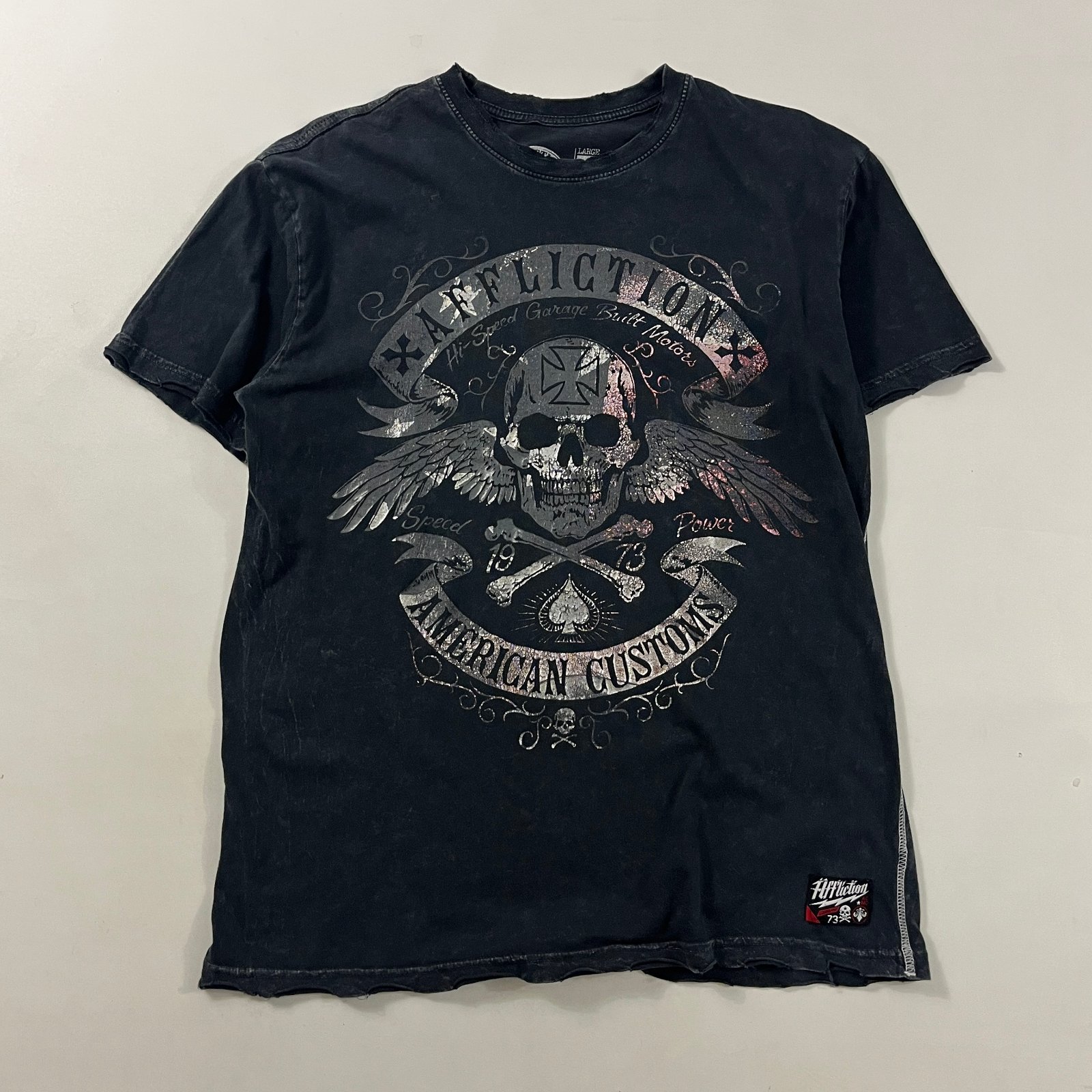 Affliction American Customs Winged Skull Biker Graphic Tee Large Y2K Black