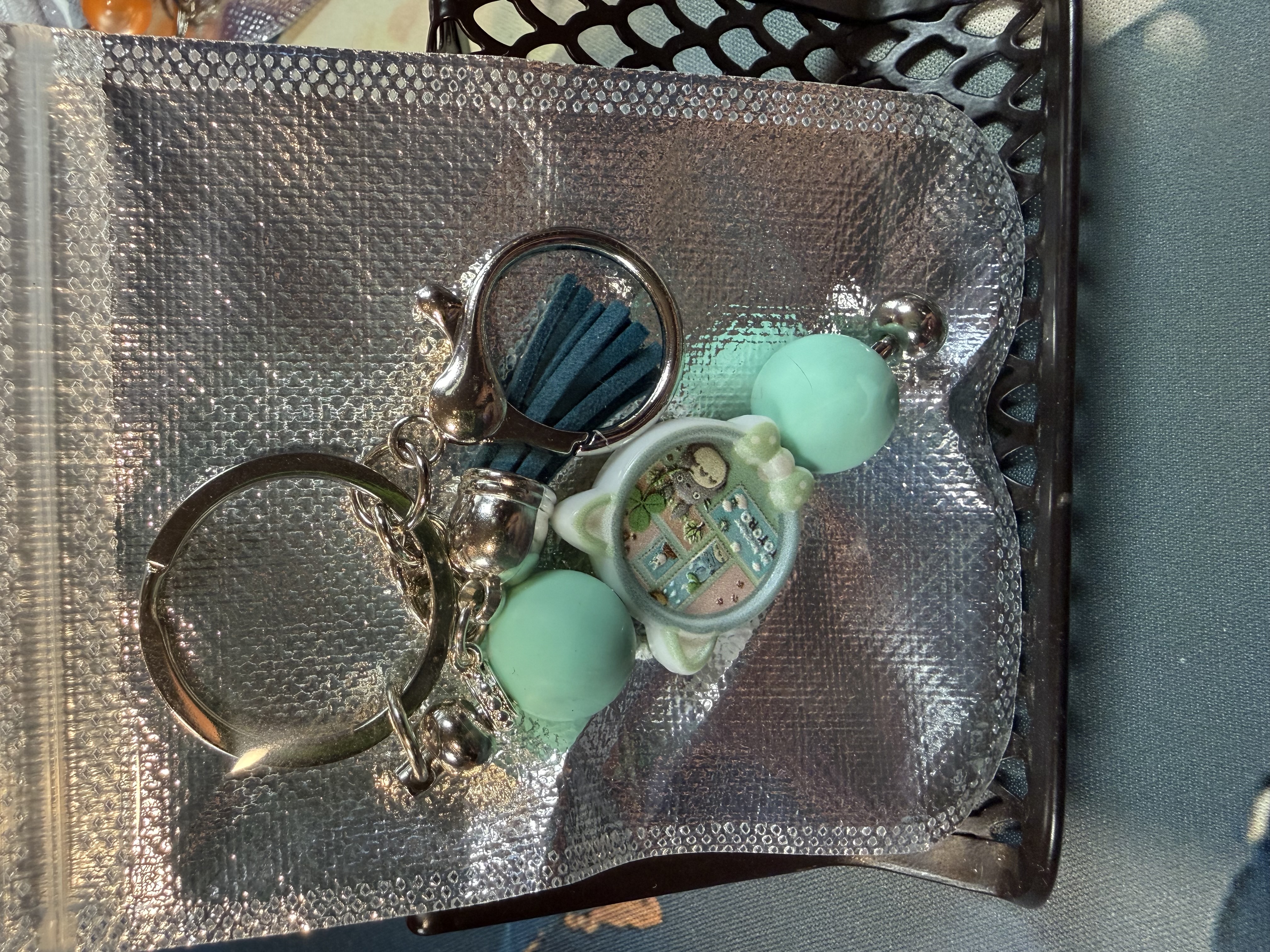 Totoro Charm Keychain with Teal Tassel
