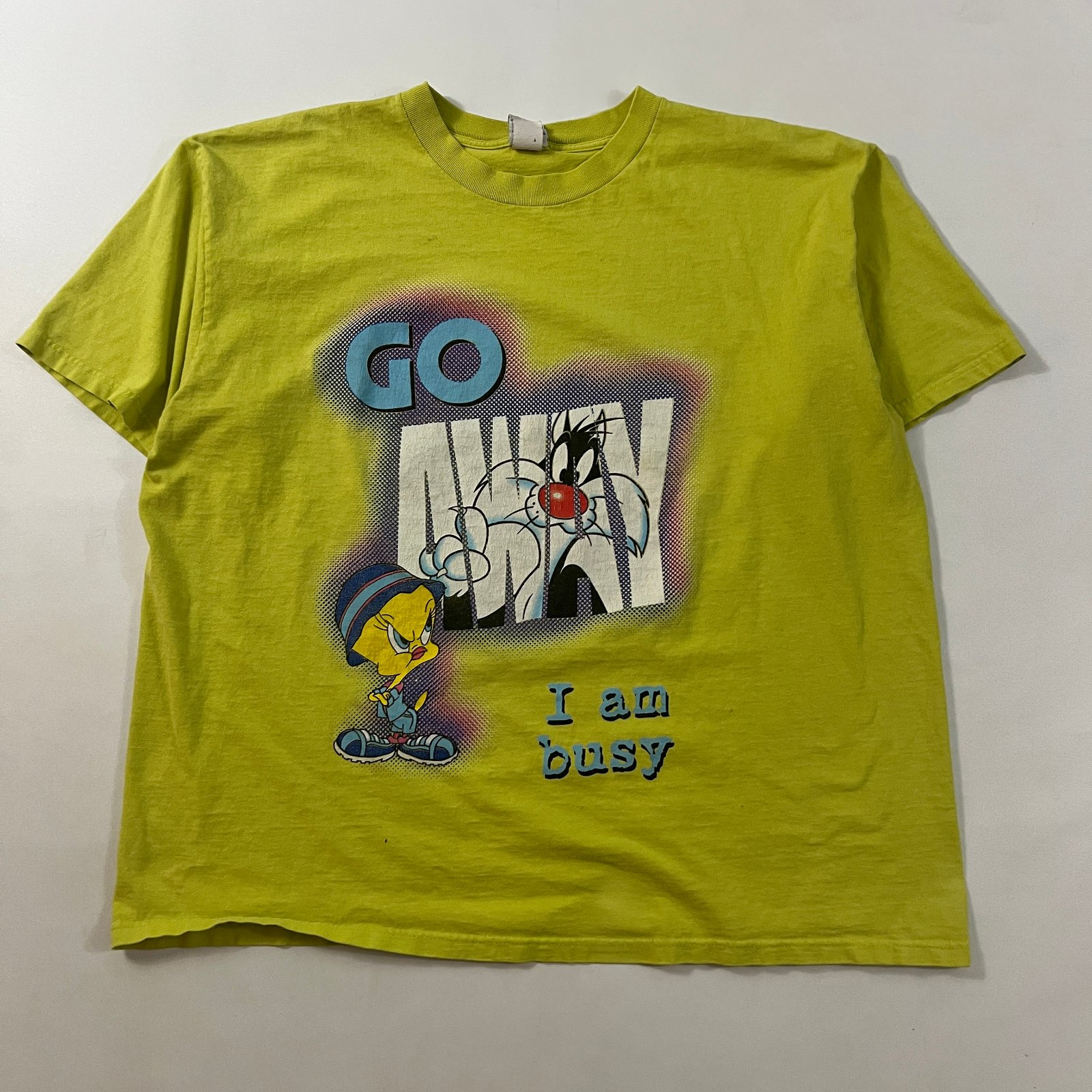 Vintage Looney Tunes Sylvester Tweety "Go Away I Am Busy" Lime Green T-Shirt 3X