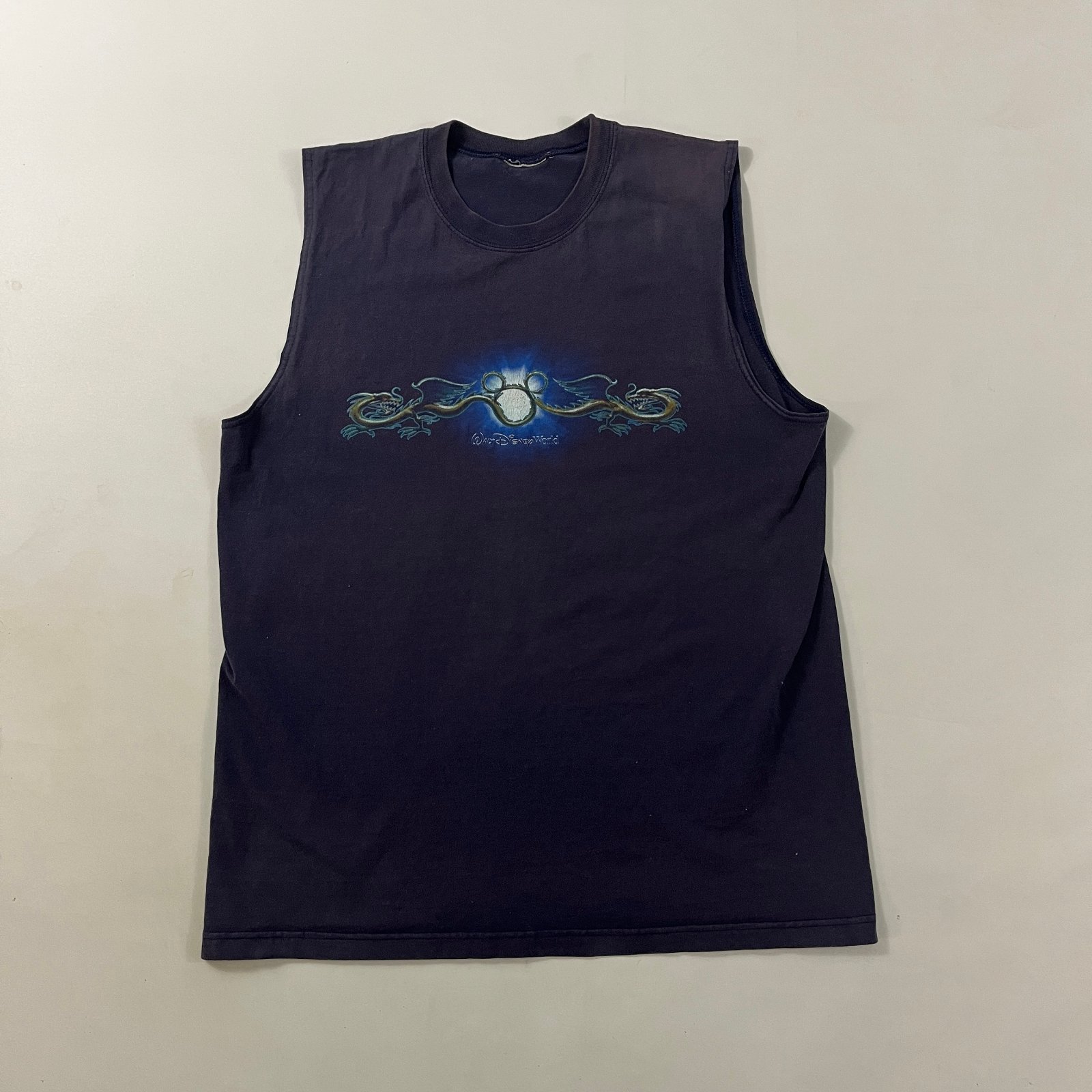 Vintage Y2K Walt Disney World Mickey Dragon Graphic Muscle Tee Sleeveless Navy