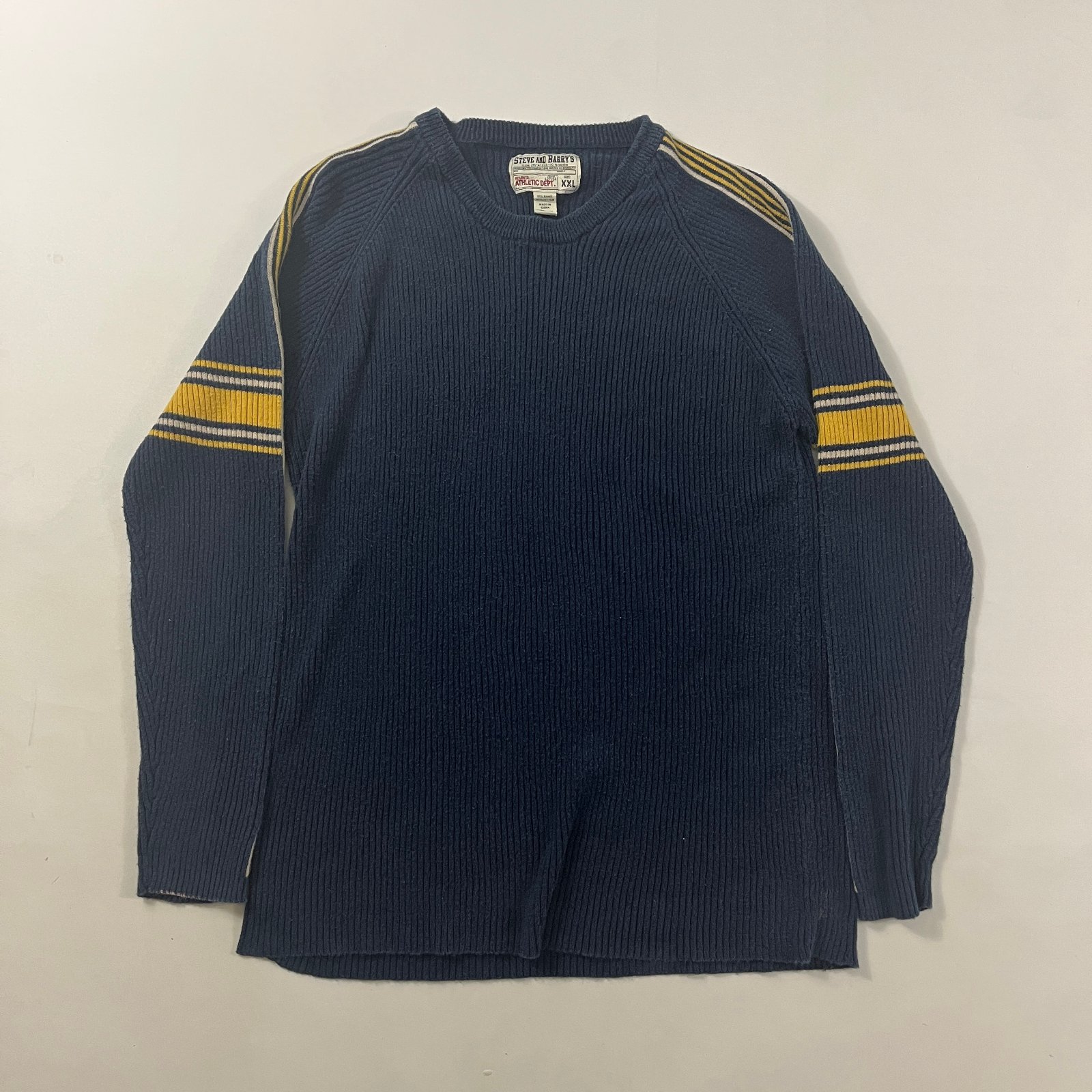 Vintage Y2K Steve and Barry's Athletic Dept Navy Yellow Striped Ribbed Knit Crewneck