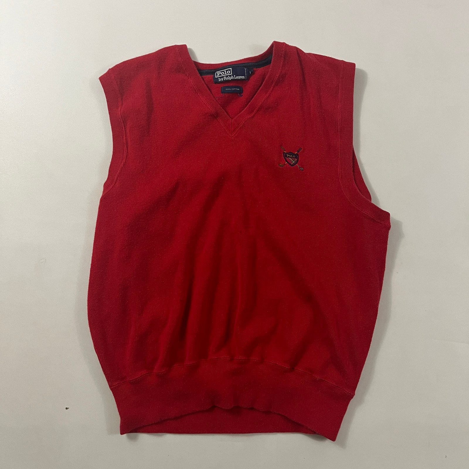 Vintage Polo Ralph Lauren Red Cotton Crest V-Neck Sweater Vest L