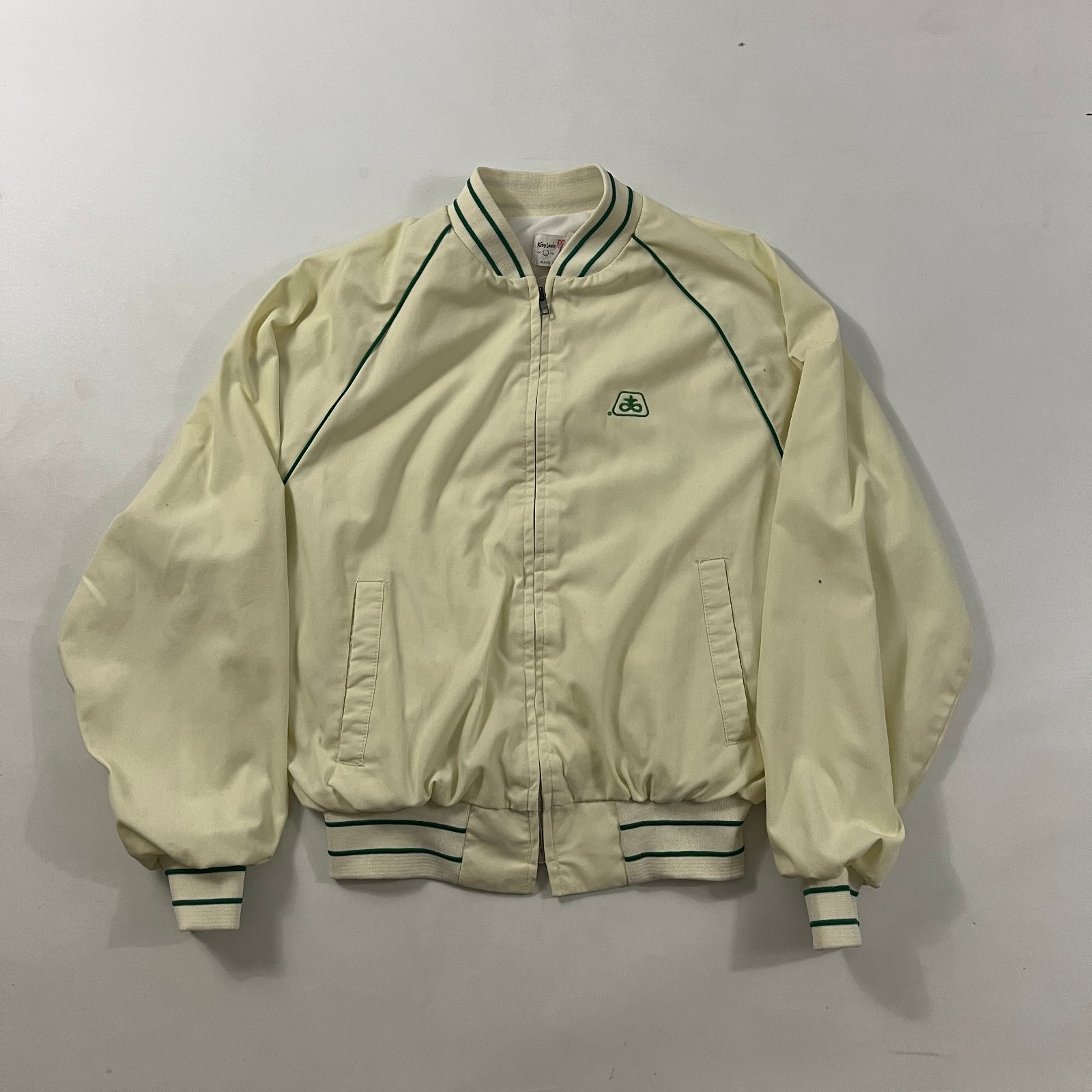 Vintage 80s King Louie Pro Fit Pioneer Seed Corn Cream Green Piped Bomber Jacket L
