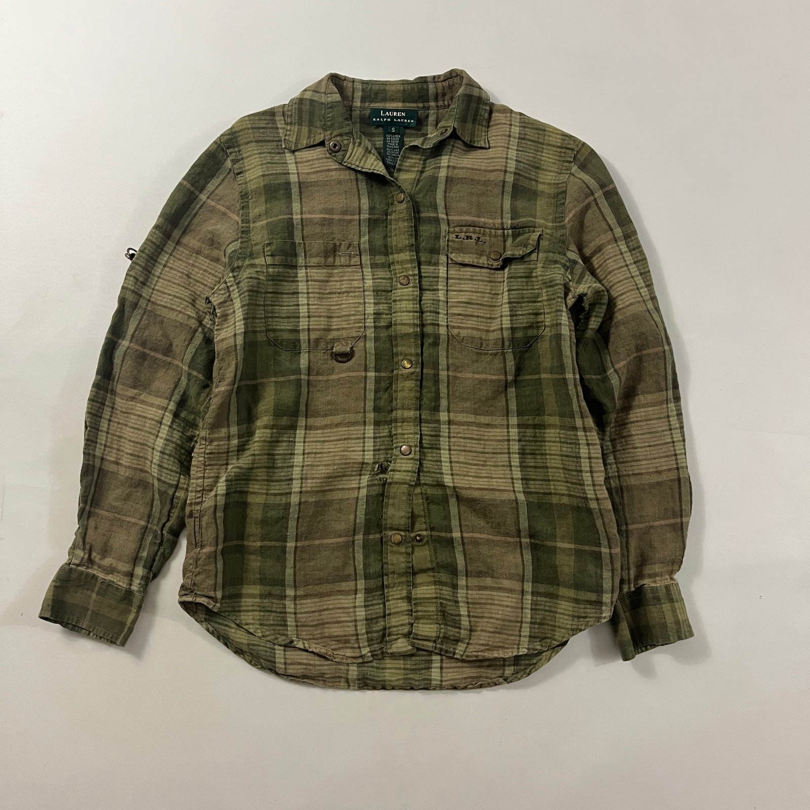 Lauren Ralph Lauren Olive Green Plaid Linen Snap Button Utility Shirt Jacket S
