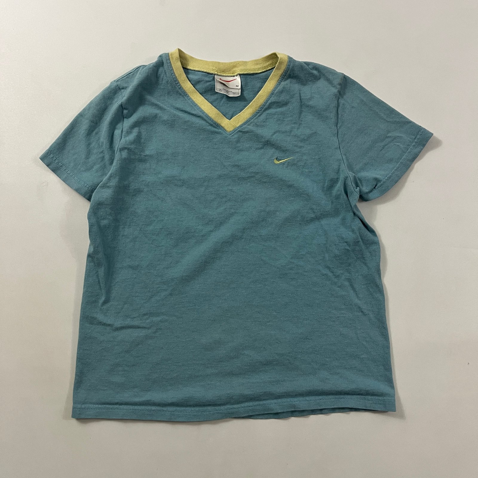 Vintage Y2K Nike Blue Yellow V-Neck Tee Made in USA M