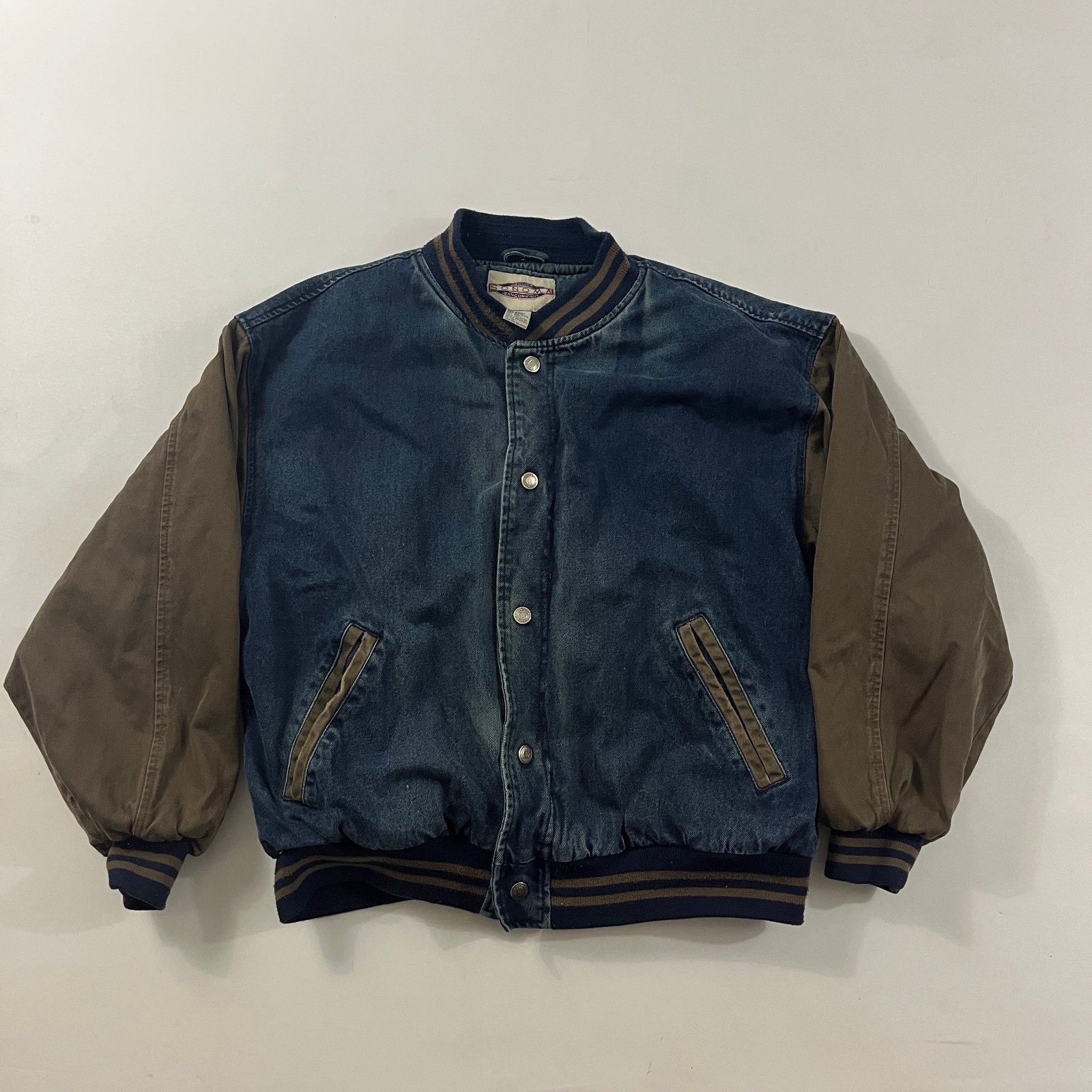 Vintage 90s Sonoma Jean Company Two-Tone Denim & Nylon Padded Varsity Bomber Jacket L