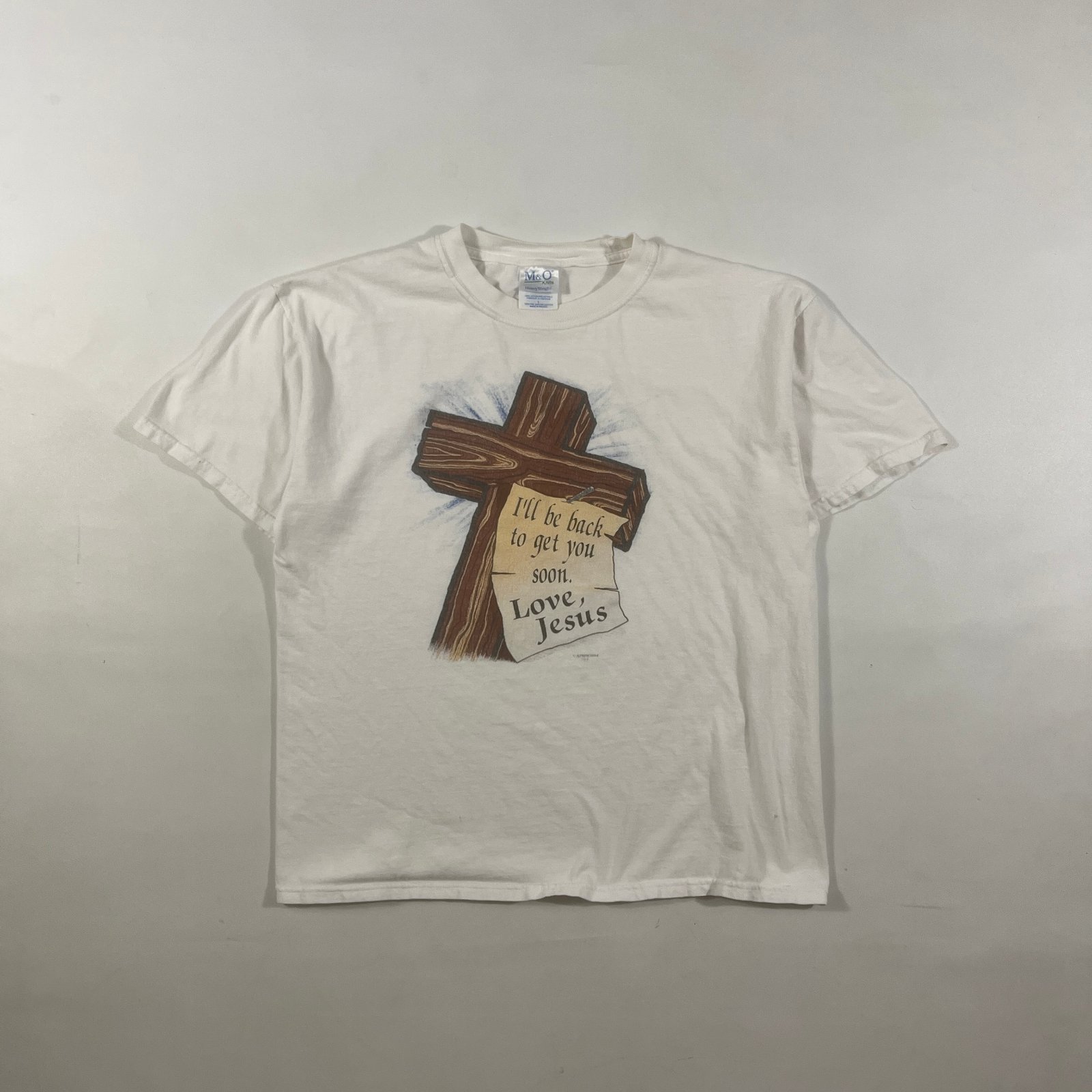 Vintage Y2K M&O Knits "I'll Be Back Love Jesus" Cross Graphic Tee L