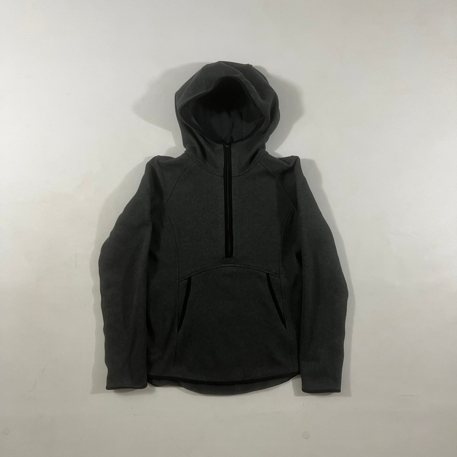 Charcoal Gray Half Zip Pullover Fitted Hoodie Sweatshirt Kangaroo Pocket