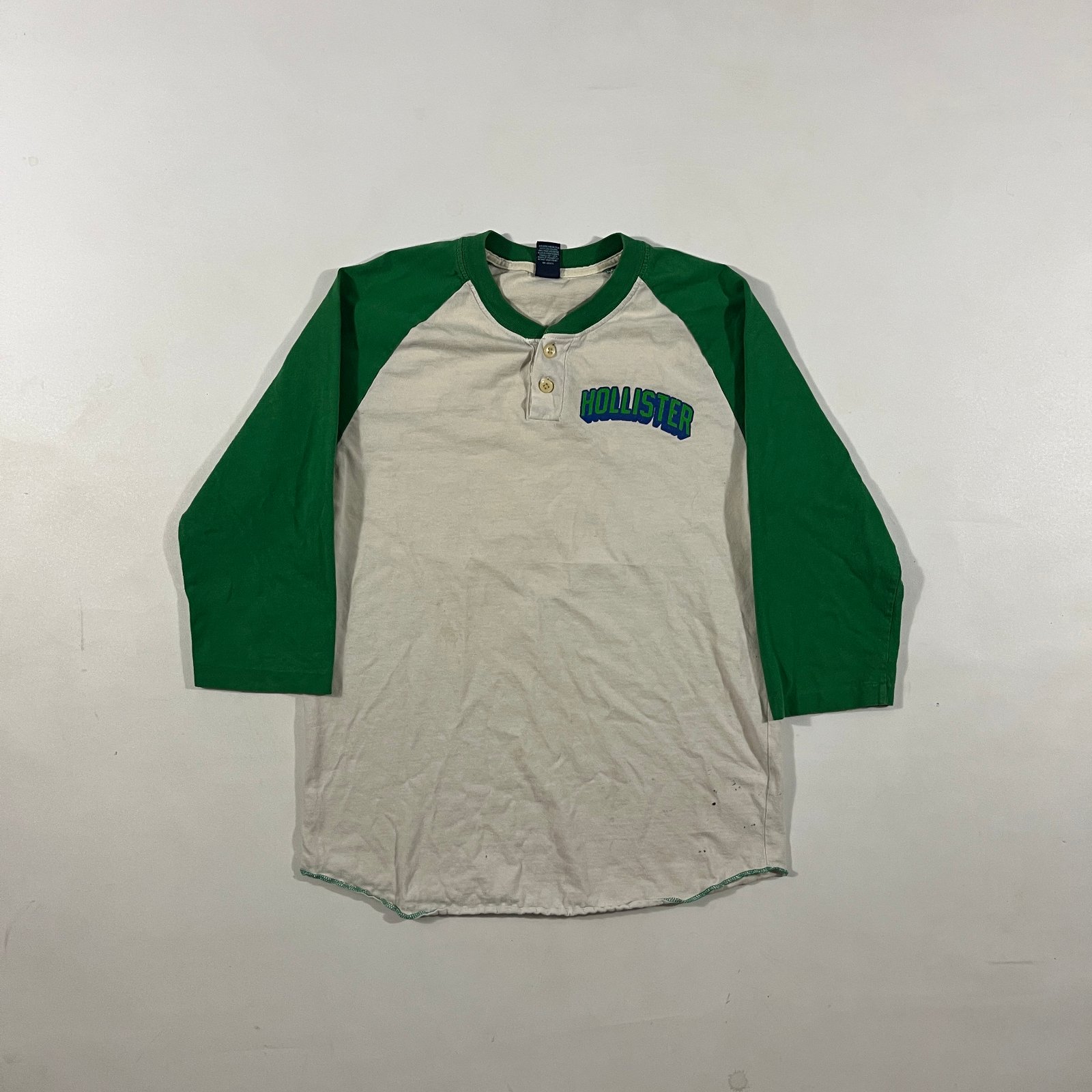Vintage Y2K Hollister ProSport Green Cream 3/4 Sleeve Raglan Henley Baseball Tee S