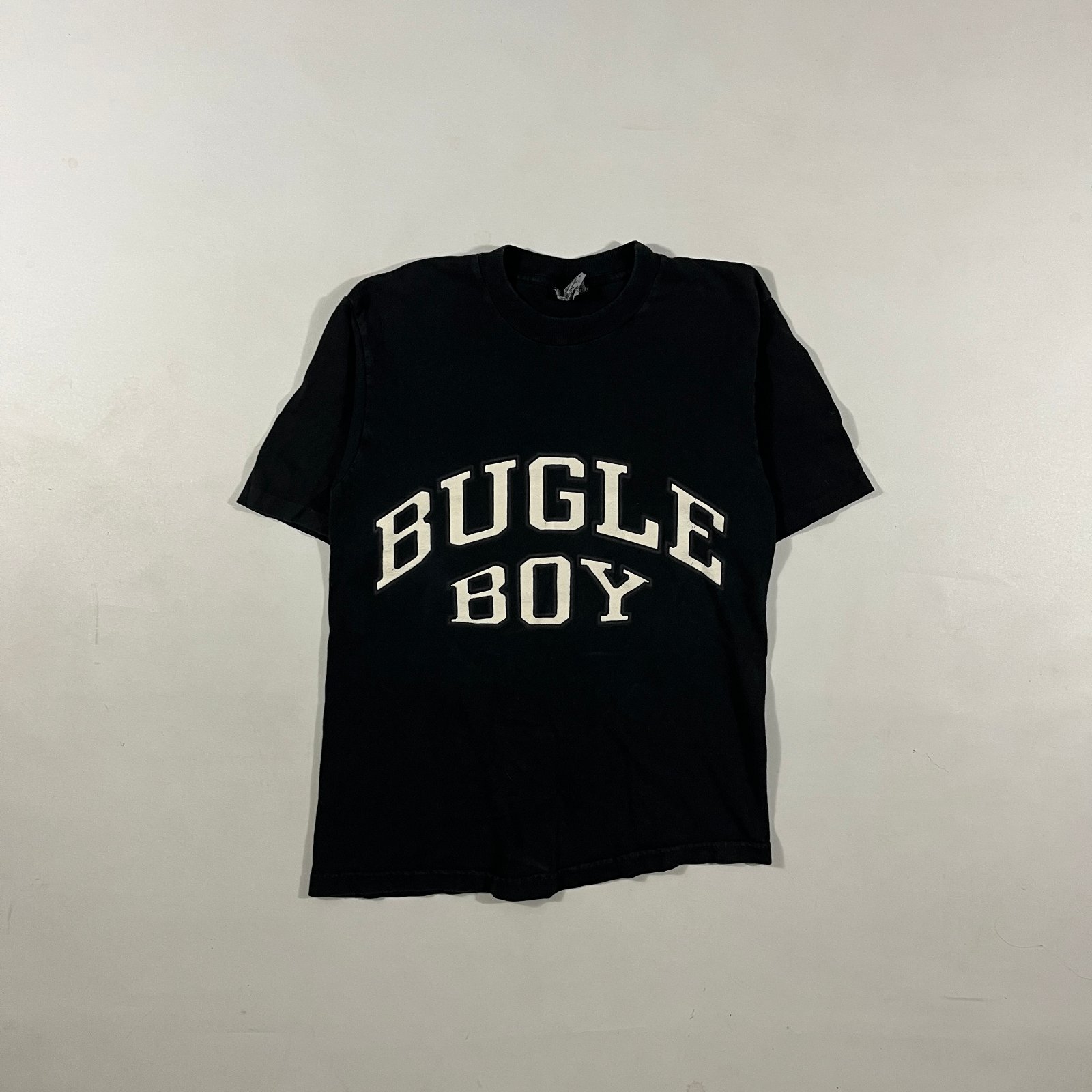 Vintage 90s Bugle Boy Athletics Faded Black Arched Spellout Varsity Tee