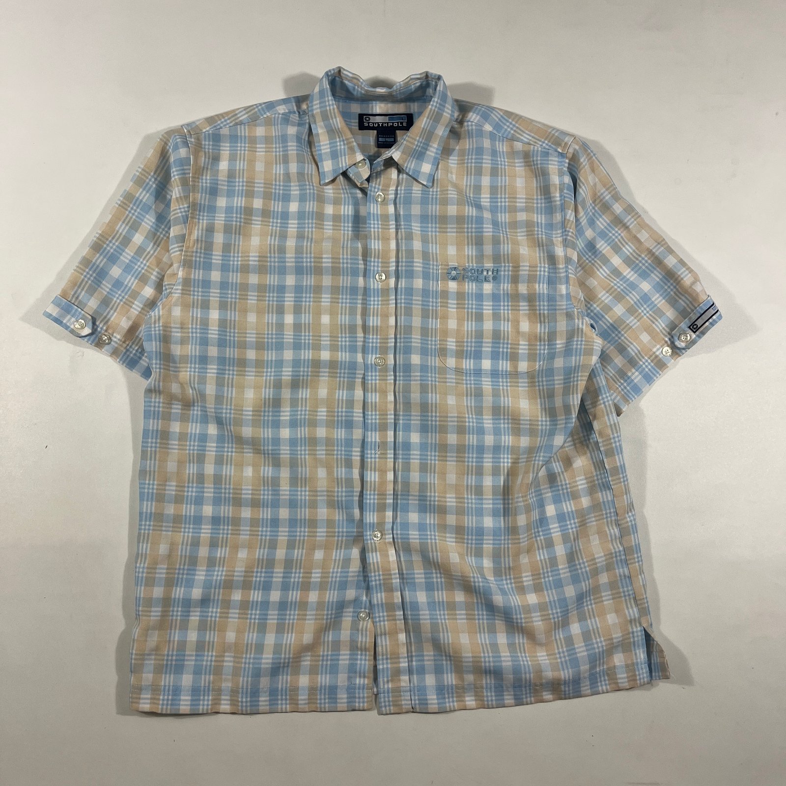 Vintage Y2K Southpole Blue Cream Plaid Short Sleeve Button Up Shirt L