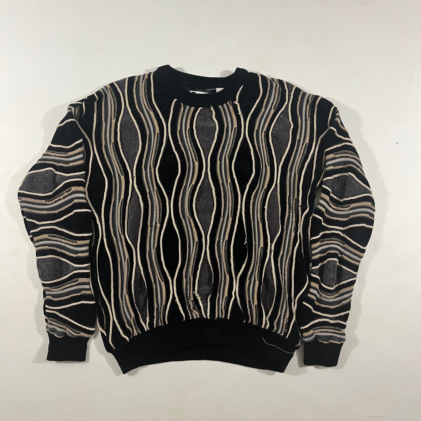 Vintage Bachrach Coogi Style 3D Textured Wavy Knit Crewneck Sweater Black Cream