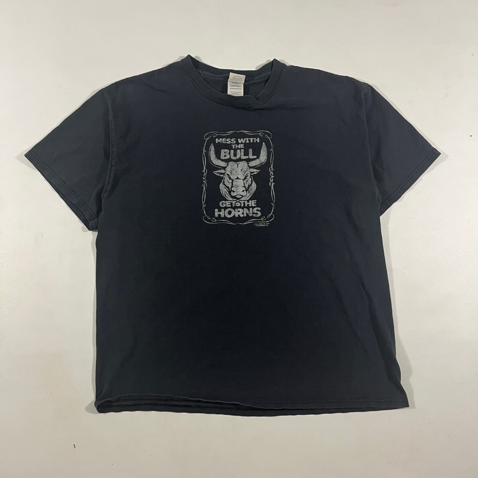 Vintage Y2K Mess With The Bull Get The Horns Faded Black Western Graphic Tee XL