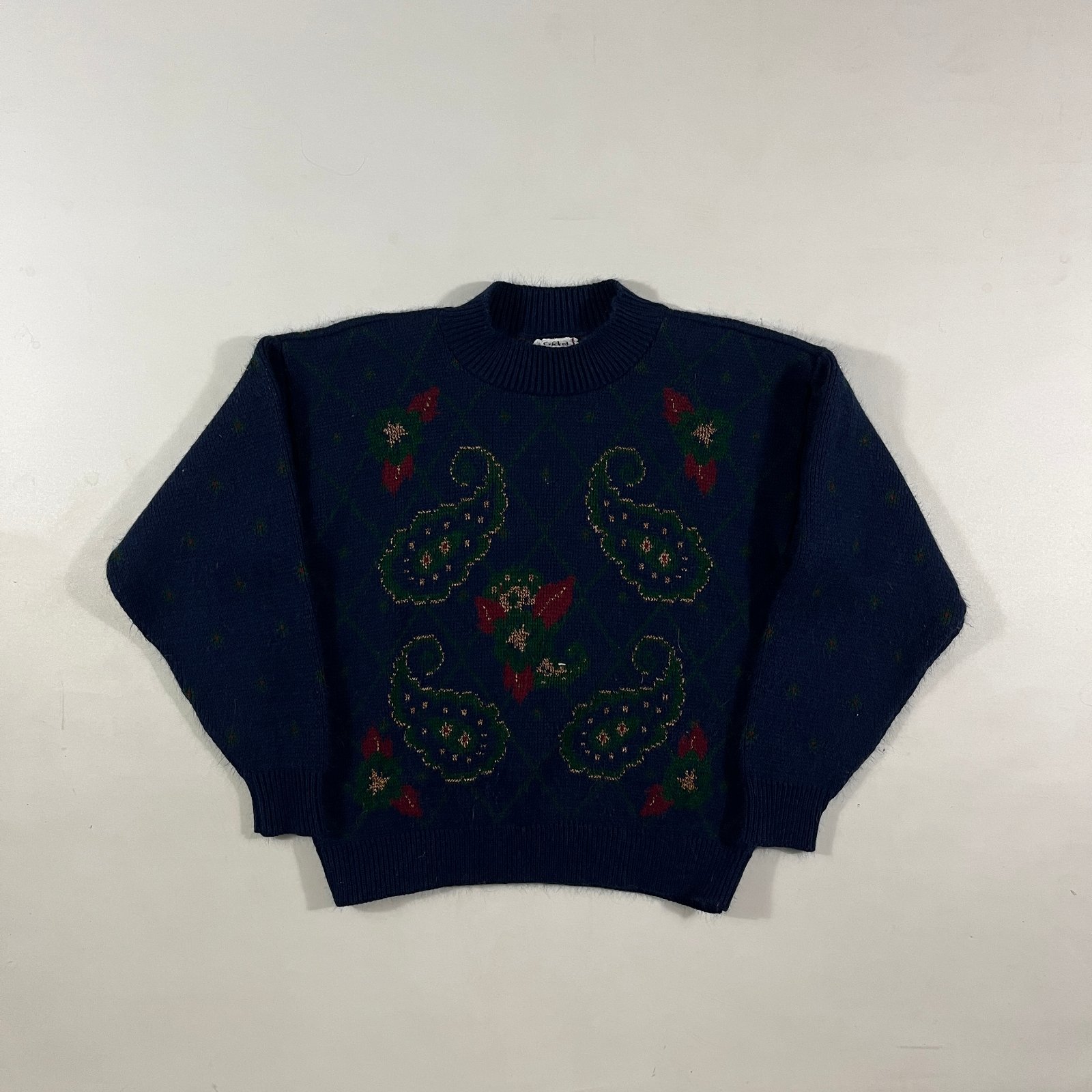 Vintage 90s Cricket Lane Navy Paisley Argyle Mock Neck Knit Sweater