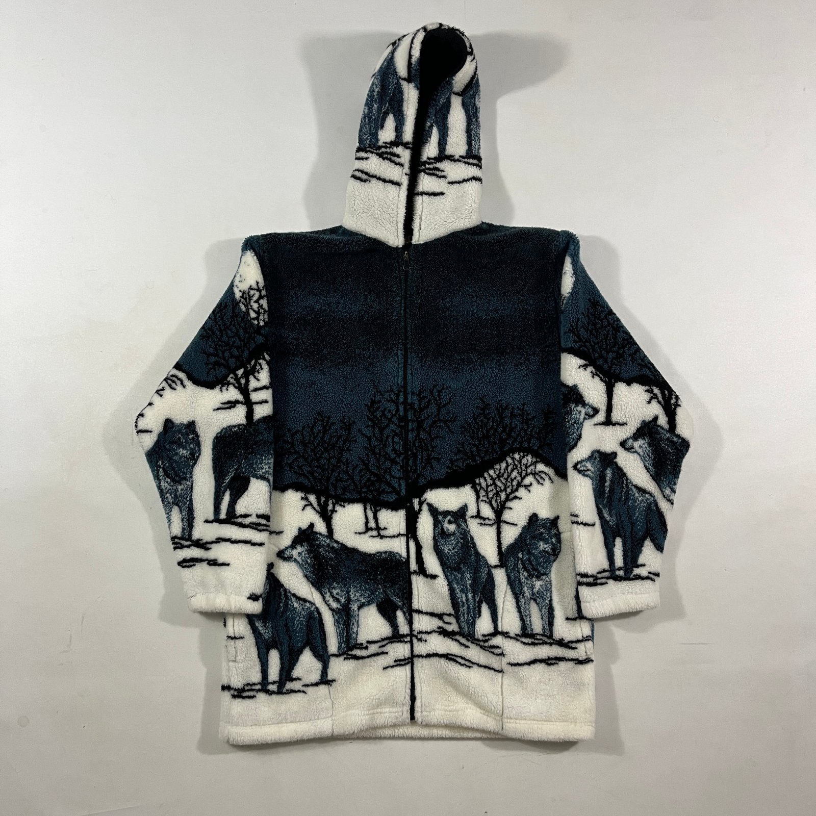 Vintage Andrea Faye Marmania Wolf Print All Over Fleece Zip Hoodie Jacket